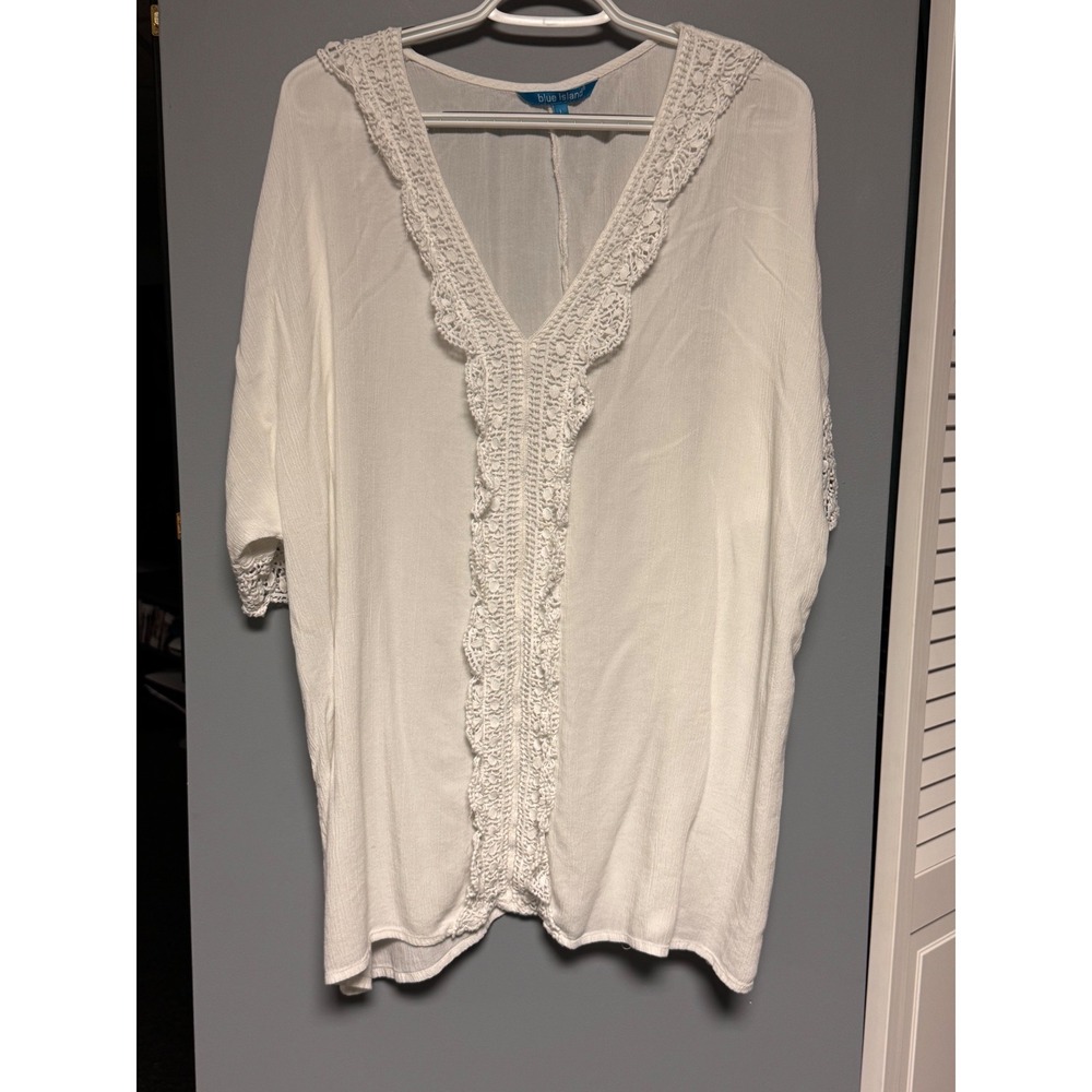 Blue Island Women's White Crochet Lace Trim Rayon Swim Cover Up V-Neck Kimono L
